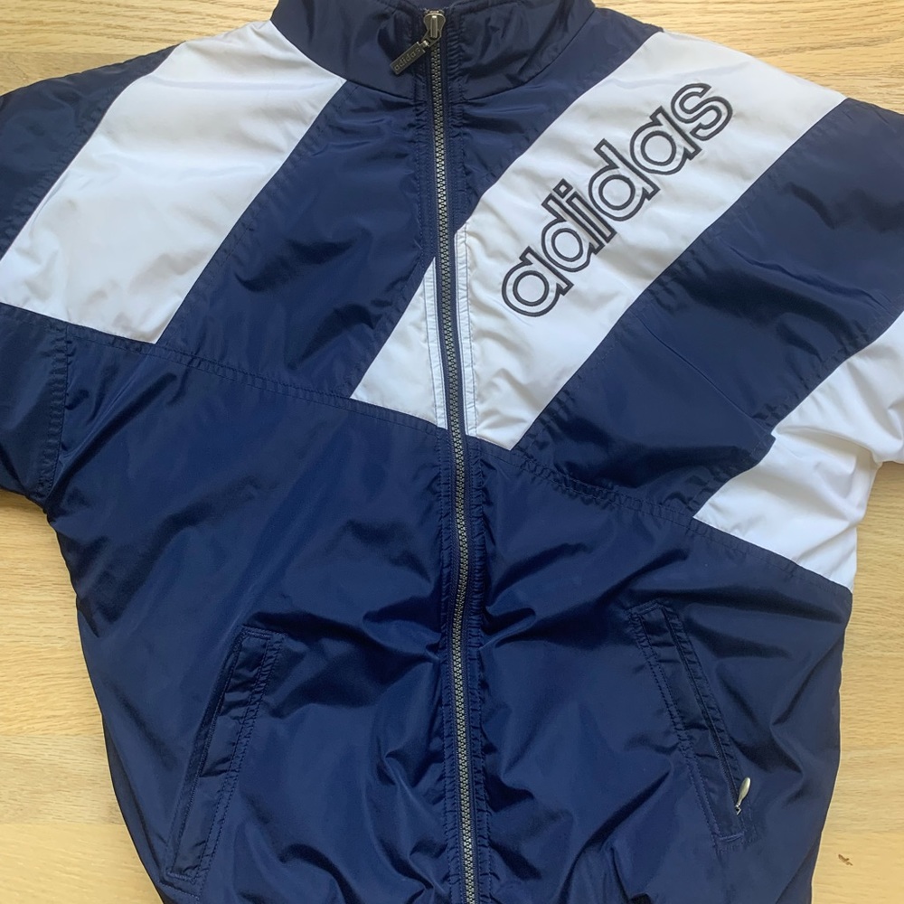vintage 90’s Adidas bomber jacket coat blue white sz Large / Medium mens - Picture 3 of 12